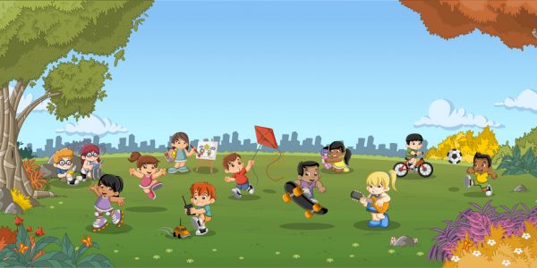 Green grass landscape with cute cartoon kids playing. Sports and recreation.