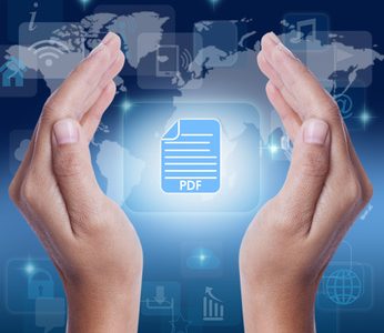 Hand showing pdf icon symbol on screen. business concept